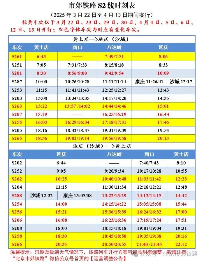 2025年3月18日至4月13日S2线列车运行图调整 高峰日开行11对