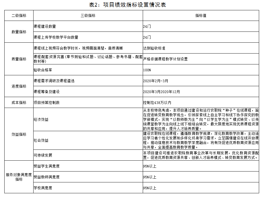 表2：项目绩效指标设置情况表