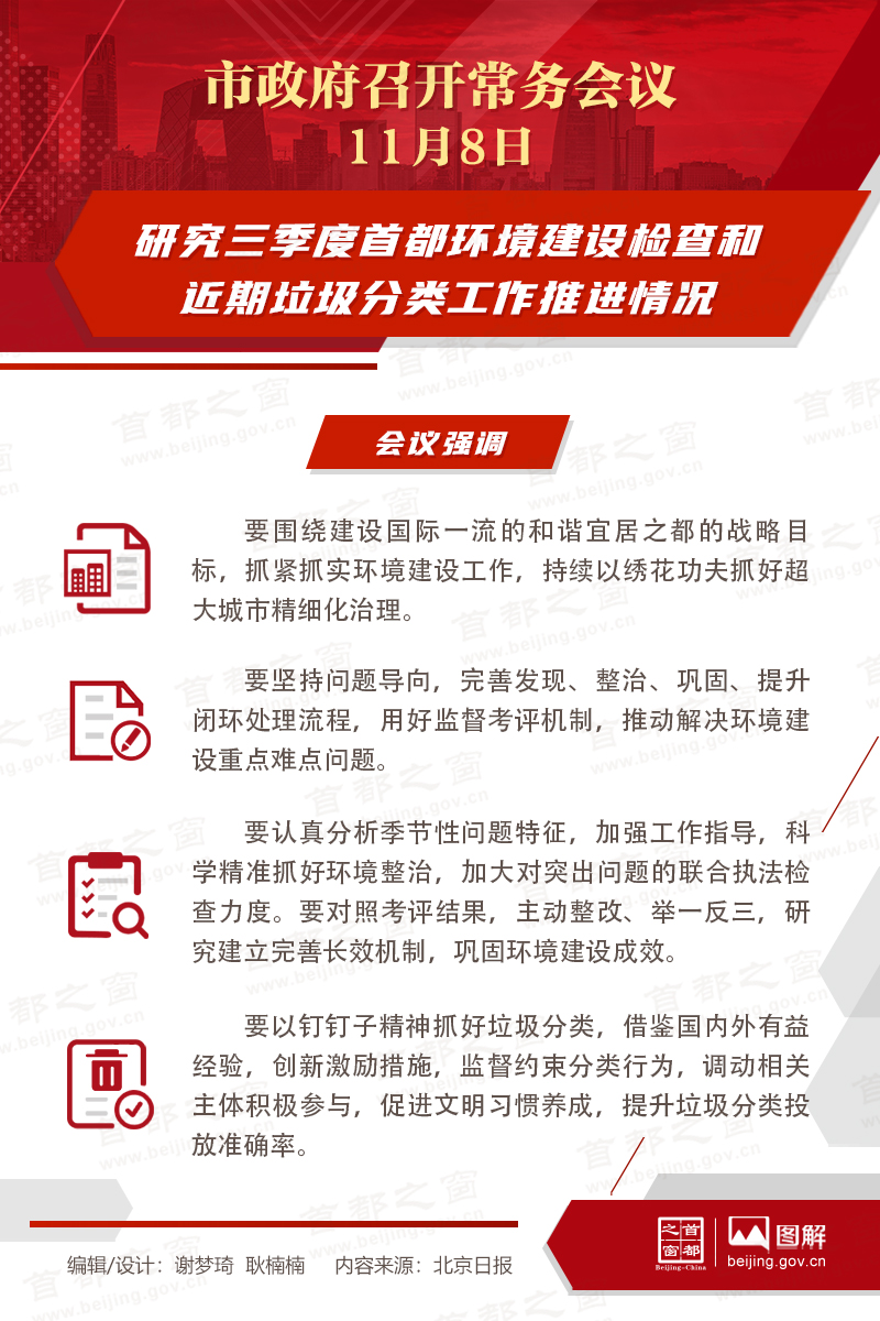 市政府常务会议：研究三季度首都环境建设检查和近期垃圾分类工作推进情况